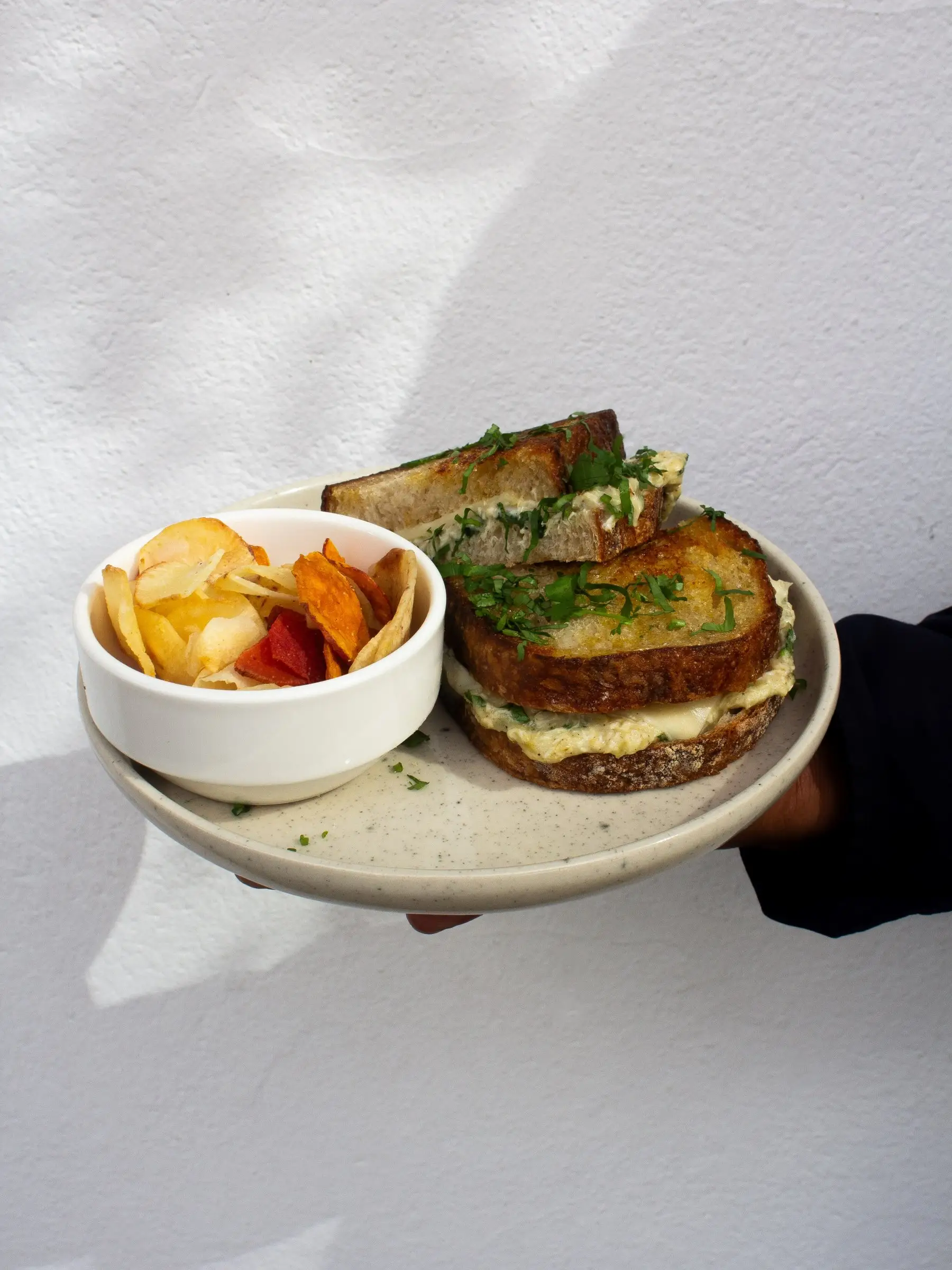 Sándwich de pollo y alcachofa en pan tostado con chips de vegetales